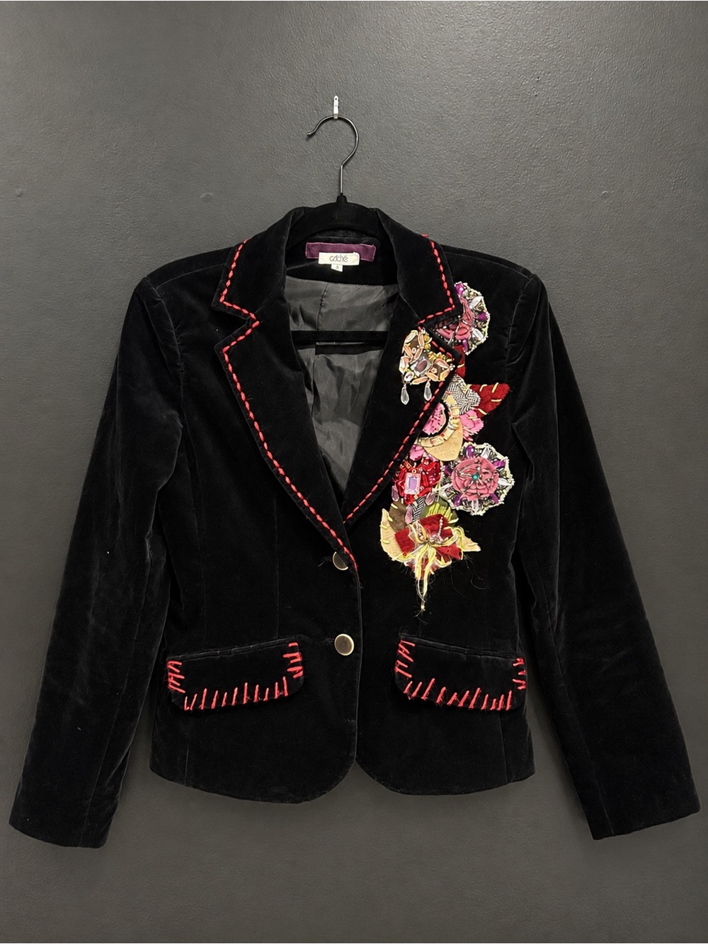 Cache Y2K Black Velvet Embellished Blazer S Floral Beaded Maximalist Whimsigoth